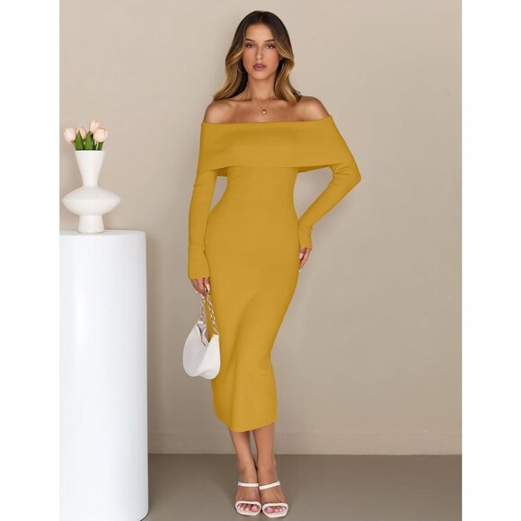 Women Off Shoulder Bodycon Sweater Dress Long Sleeve Party Midi Dress Ginger - Picture 3 of 9